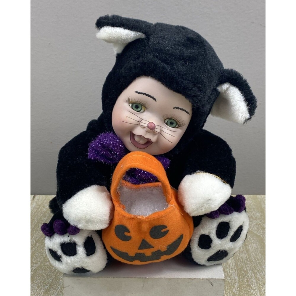Geppeddo Cuddle Kids Halloween Black Cat Porcelain Face Plush Doll Trick Treat